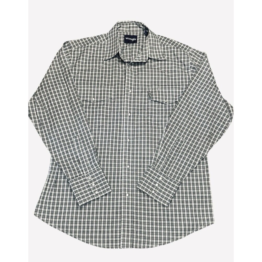 Wrangler White & Gray Plaid Button Up Shirt Pearl Snap Buttons Large Western